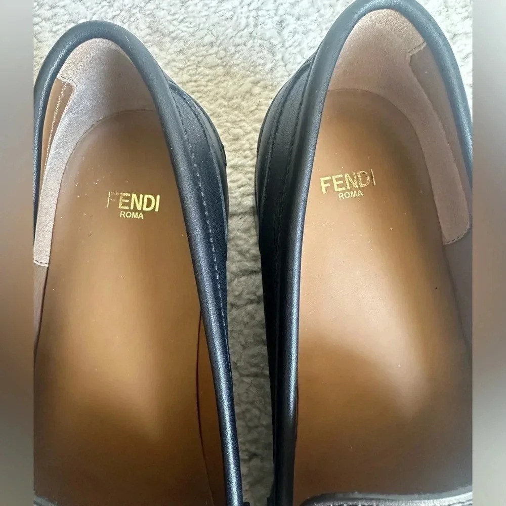 New Fendi Black Slip On Baguette Loafer with Gold Monogram Buckle SIZE 10.5 - Picture 10 of 14